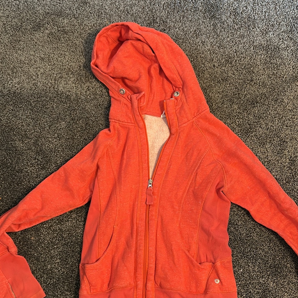 Orange Puffer Jacket with Hood and Full-Length Zipper